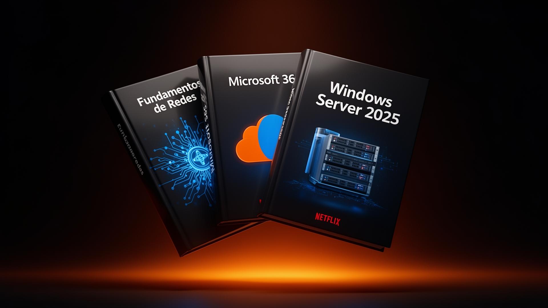 Mockup dos três eBooks: Fundamentos de Redes, Microsoft 365 e Windows Server 2025
